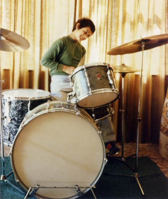 James Gilberd c.1974 with first drum set. Photo; Ted Gilberd, vintage Premier drums